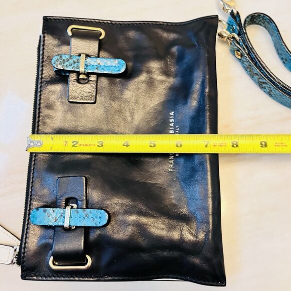 Vintage Francesco Biasia Black Leather Crossbody Bag Blue Python Strap Y2K Italy - Picture 15 of 16